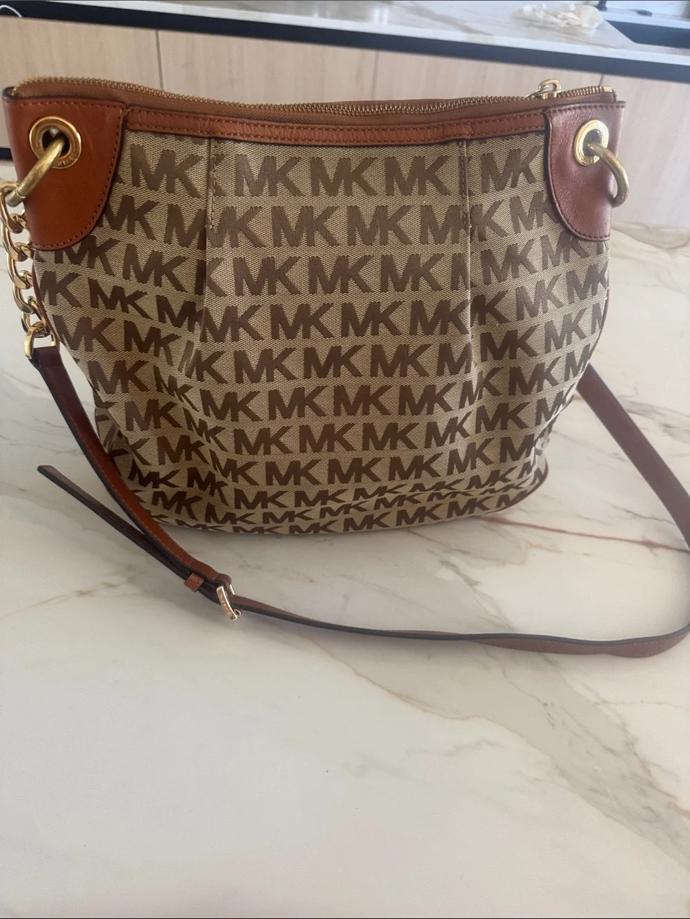 Michael Kors Beige and Brown MK Monogram Crossbody Bag